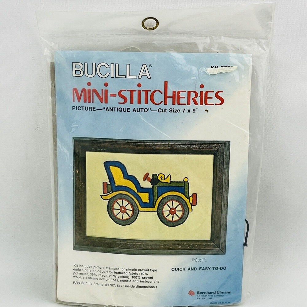 Vintage Bucilla 2005 Antique Auto Mini Stitcheries Crewel Embroidery Kit 5x7